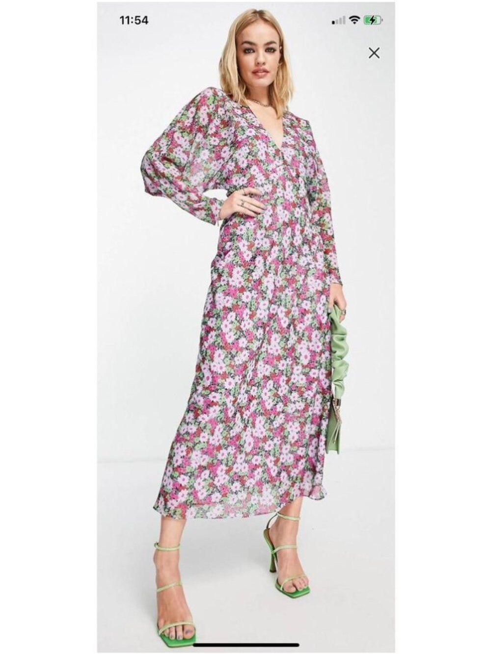 ASOS Design V Neck Batwing Floral Midi Dress Long Sleeve